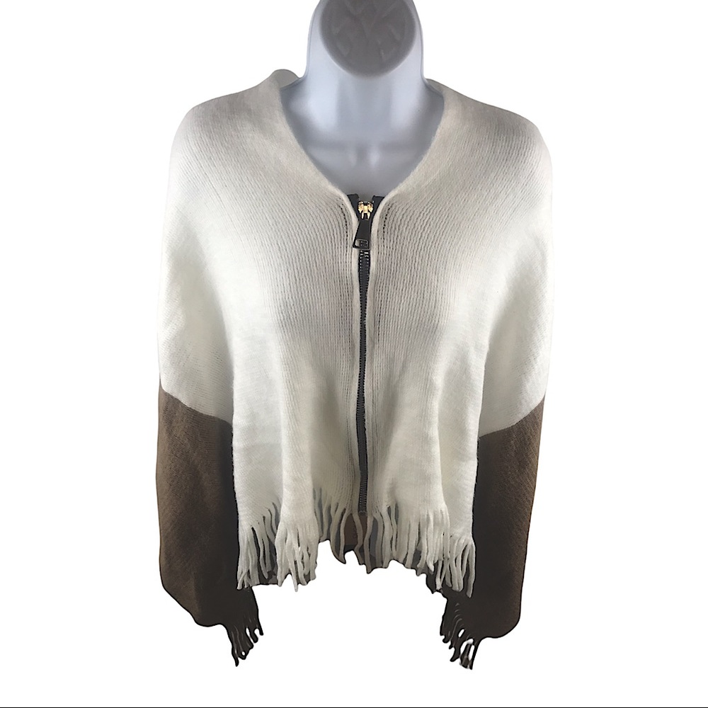 American Boutique NWT Zipper Poncho Womens White & Tan 100% Acrylic